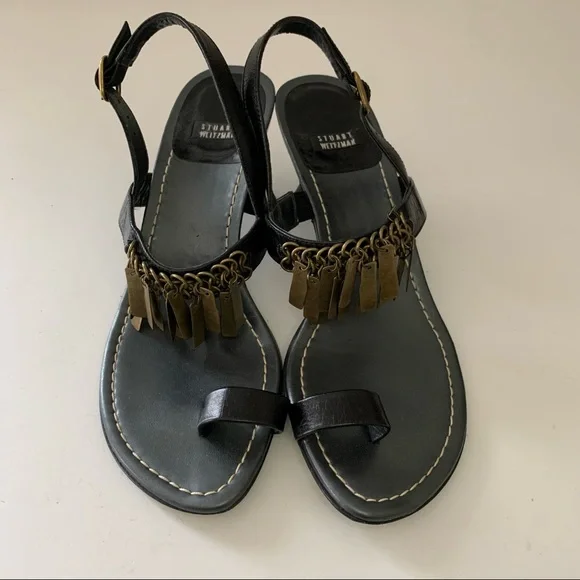 Stuart Weitzman Heeled Toe Ring Sandals with Bronze Metal Fringe, US W6 - Picture 1 of 12